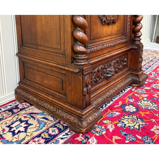 Antique French Renaissance Revival Oak Cabinet Barley Twist Carved Drawers 19thC For Sale - Image 13 of 17