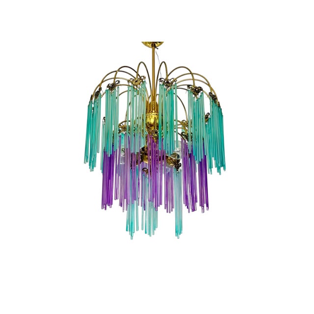 This exceptional chandelier is a one-of-a-kind Spanish glass rod design, entirely hand-painted in rich shades of turquoise...