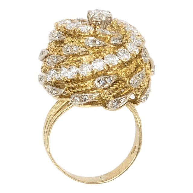 1960s Vintage 18k Yellow Gold Diamond Swirl Cocktail Ring, Size 7 For Sale