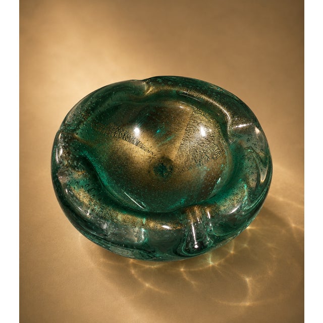 Vintage Murano Style Bullicante Green Art Glass Ashtray, Mid-Century Modern Italian Glass Bowl For Sale - Image 4 of 9