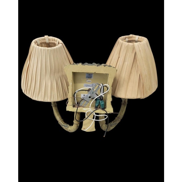Vintage Faux Bamboo Tassel Pale Green Palm Leaf Raffia Shade 2 Arm Wall Sconce Lamp For Sale - Image 10 of 10