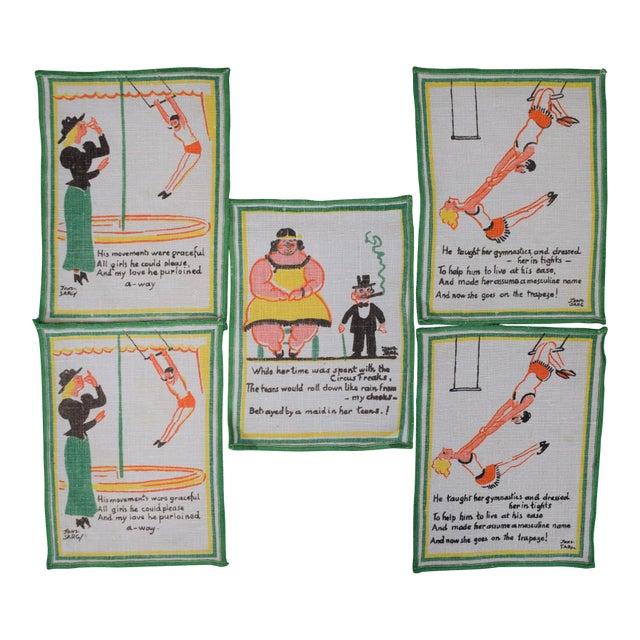 Mid 20th Century Set X 5 Tony Sarg Linen Circus Theme Cocktail Napkins For Sale