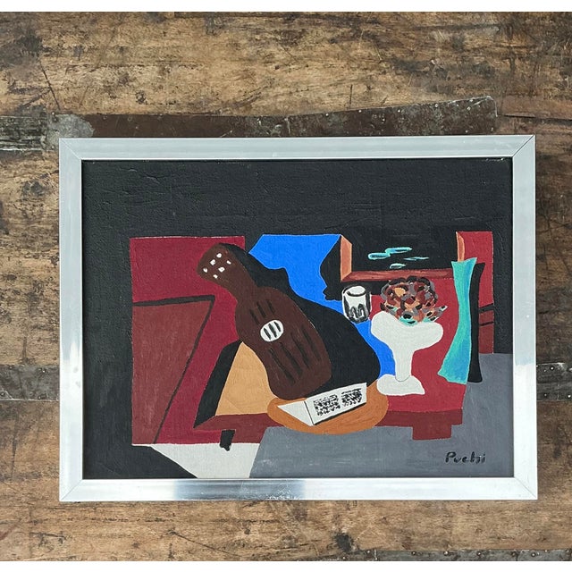 Mid-Century Modern Vintage Abstract Cubist Still Life on Canvas For Sale - Image 3 of 12
