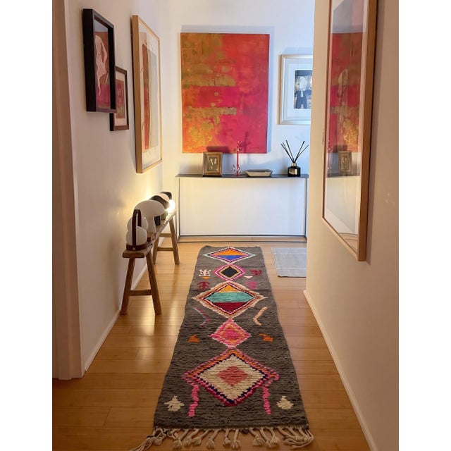 Modern Boujad Rug Runner | Handwoven Wool Runner in Charcoal with Multicolor Diamond Medallions This striking modern...