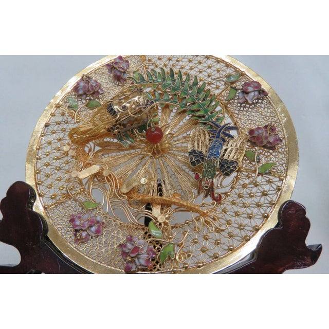 Chinese Gold Filigree Gilt Enamel Dragon Phoenix 3d Decorative Plate For Sale - Image 10 of 12