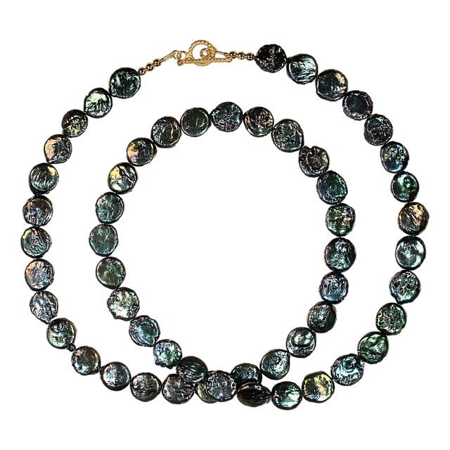 Ajd 28 Inch Iridescent Blue/Green Coin Pearl Necklace For Sale