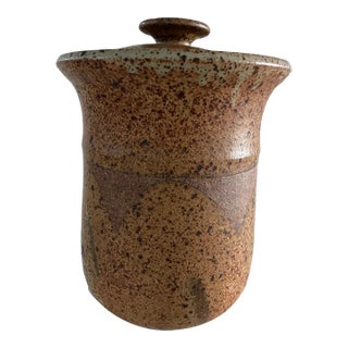 Vintage Hand-Thrown Speckled Organic Designed Ceramic Pot With Lid For Sale