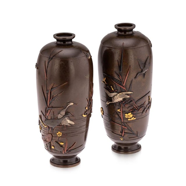 Antique Japanese Meiji Inlaid Bronze Ovoid Vases by Miyabe, 19th Century, Set of 2 For Sale - Image 5 of 18