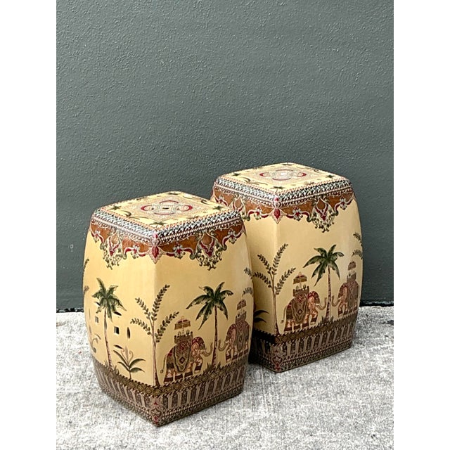 Vintage Glazed Ceramic Elephant Low Stools - A Pair For Sale - Image 10 of 12