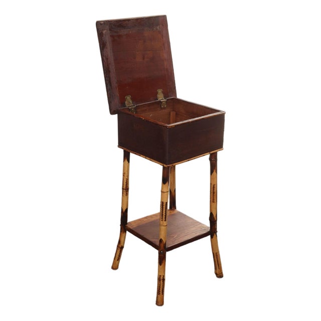 Antique Aesthestic Movement Stained Oak Sewing / Decorative Box on Bamboo Stand For Sale
