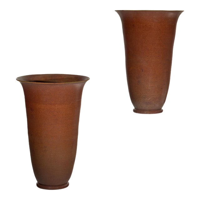 Artisan Ceramic Vases with Warm Brown Glaze and Subtle Red Undertones - A Pair For Sale