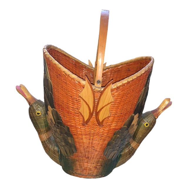 1980s Earth-Tone Double Headed Geese Basket With Handle For Sale
