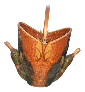 1980s Earth-Tone Double Headed Geese Basket With Handle