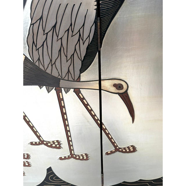 Black Art Deco Style Six-Panel Silver Leaf Crane Screen, Hong Kong, Circa 1980 For Sale - Image 8 of 18