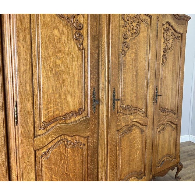 Brown Vintage French Louis XVI Style Carved Oak 4-Door Wardrobe For Sale - Image 8 of 13