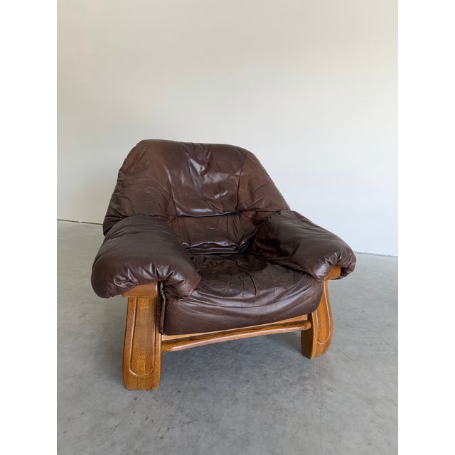 Percival Lafer 1970s Brutalist Oak and Brown Leather Lounge Chair For Sale - Image 4 of 10