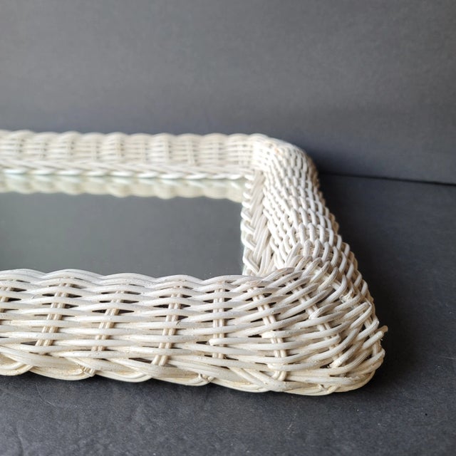 Vintage 1950's Rectangular White Mid Century Modern Wicker Wall Mirror For Sale - Image 4 of 5