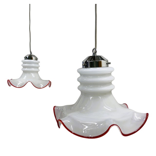 Italian Murano Glass Pendant Lamps with Red Trim, Italy, 1970s, Set of 2 For Sale