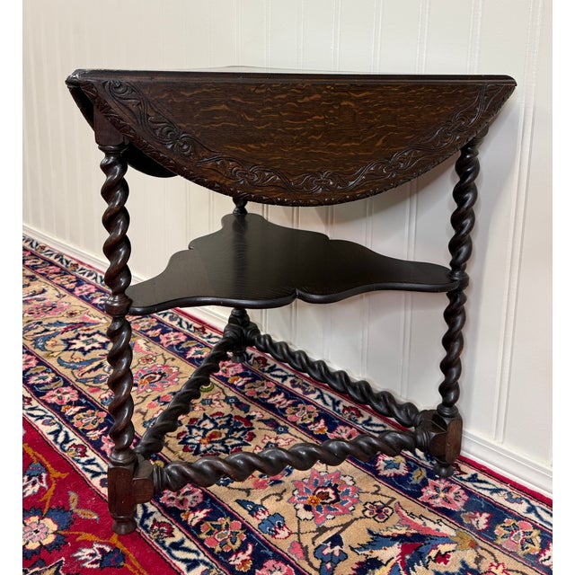 Antique English Envelope Barley Twist Drop Leaf Side Table Carved Oak C. 1900 For Sale - Image 4 of 16