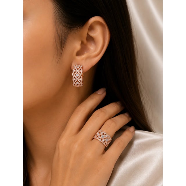 Modern Late 20th Century 14K Rose Pink Gold Diamond Woven Hoop Earrings, Pair For Sale - Image 3 of 3