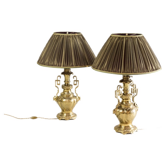 19th Century Gilt Brass and Bronze Table Lamps, Set of 2 For Sale