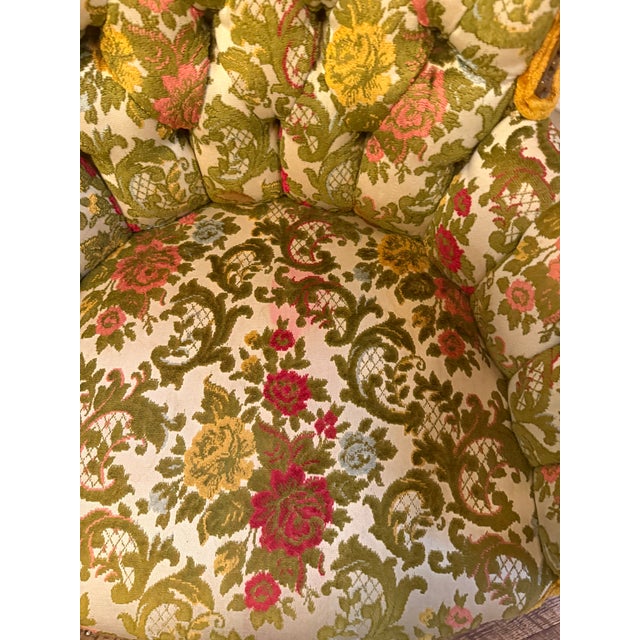 1940s Pair of Vintage French Provincial Two-Tone Velvet and Tapestry Wingback Bergère Chairs For Sale - Image 5 of 7