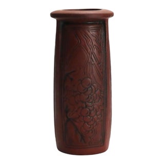 Antique Arts & Crafts Embossed Paneled Grape & Leaf Redware Pottery Vase C1920 For Sale