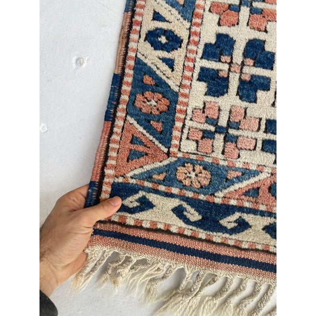 Early 20th Century Vintage Turkish Navy, Blush, Apricot, Soft Salmon, Beige with Braided Fringe Rug 3.5 x 5.8 For Sale - Image 5 of 10