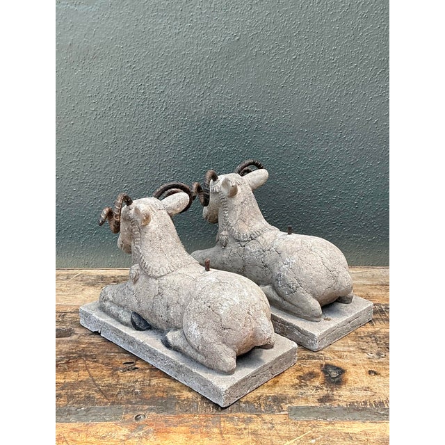 Late 20th Century Vintage Plaster and Metal Ram Sculptures - Pair For Sale - Image 5 of 12