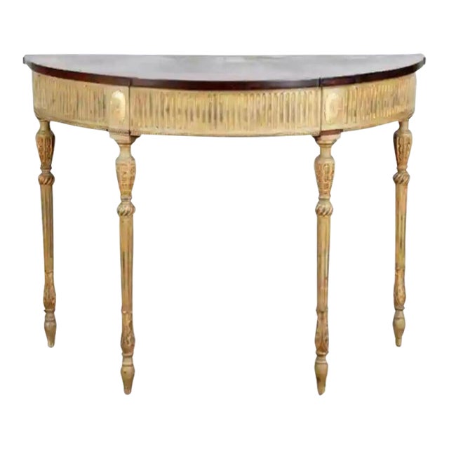 Carved and Painted Adam Style Demi Lune Console With Gilt Detail For Sale