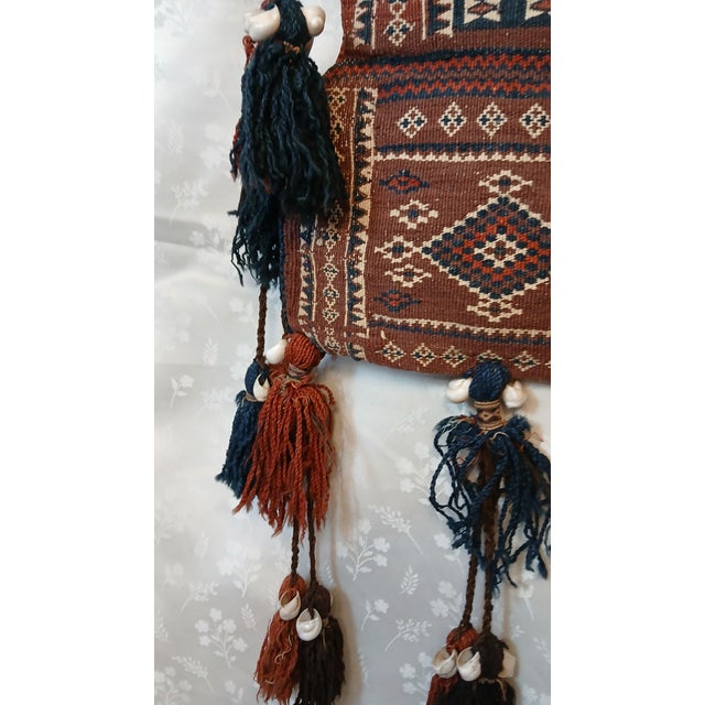 Antique Baluch Tribal Salt Bag With Cowrie Shell Tassels in Brown & Indigo For Sale - Image 16 of 18