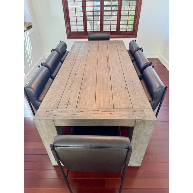 2020s Classic Home Reclaimed Oak Dining Table 89"w X 40"d X 30"h (8) Black Leather Dining Chairs For Sale - Image 5 of 7