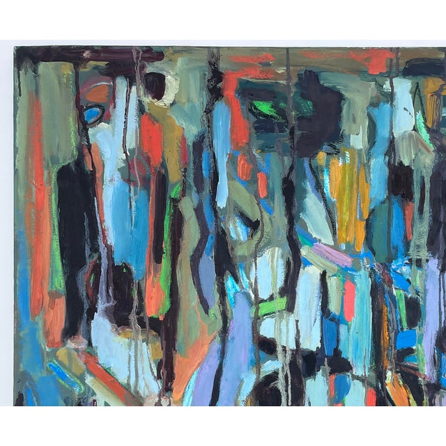 This is a wonderful abstract expressionist acrylic on canvas painting in many hues of turquoise, blues, greens, oranges,...