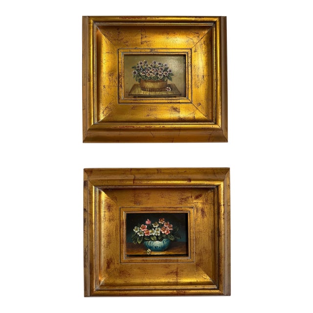 Vintage French Country Traditional Realism Floral Still Life Framed Original Oil Paintings, a Pair For Sale