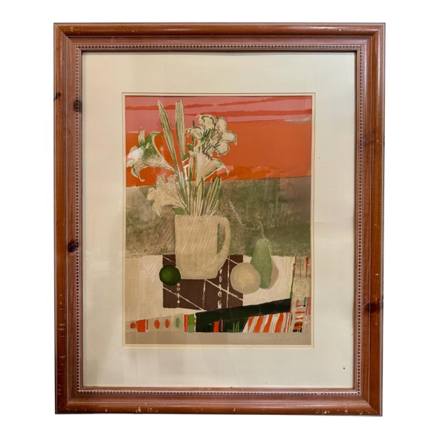 Mid 20th Century René Lenis Signed Color Print Still Life With Lilies, Framed For Sale