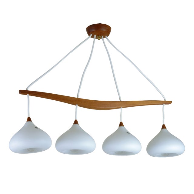 Swedish Teak and Glass Four Light Hanging Lamp, 1960s For Sale
