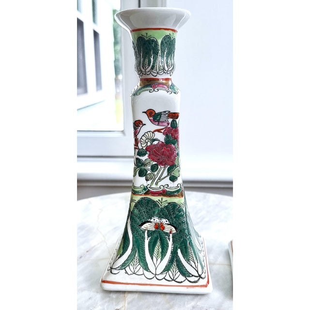 Vintage Chinese Famille Verte Bok Choy Porcelain Candlestick Holders - A Pair For Sale - Image 11 of 14