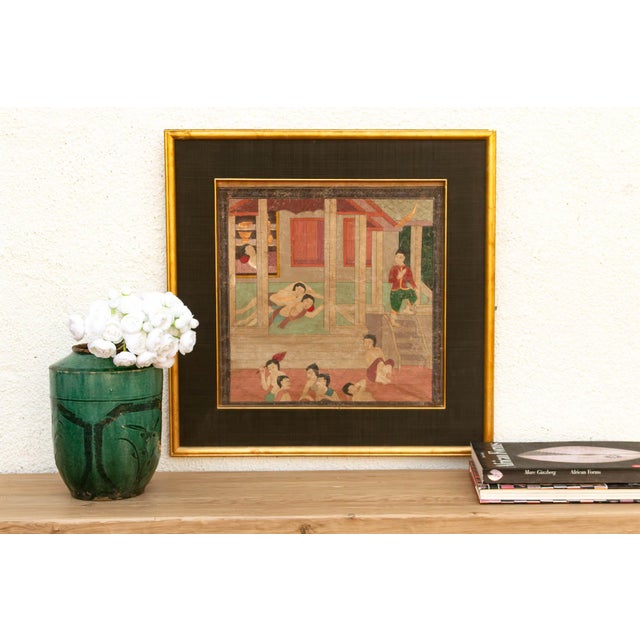 Charcoal Vintage Thai Pavilion Gathering Narrative Painting For Sale - Image 8 of 8