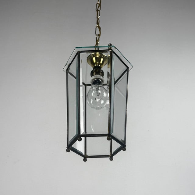 Metal Mid-Century Brass and Beveled Glass Lantern Pendant Light in the style of Adolf Loos, Italy, 1970s For Sale - Image 7 of 9