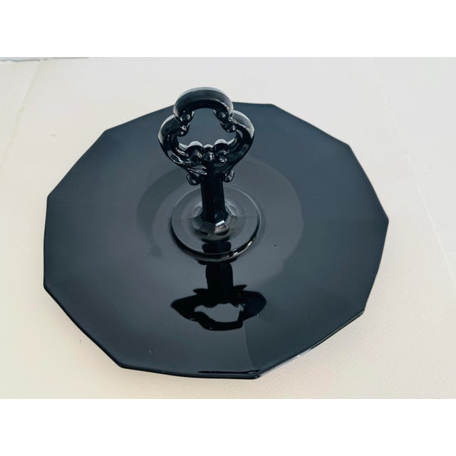 Hollywood Regency Vintage 1930s Black Glass Center Handled Server For Sale - Image 3 of 5