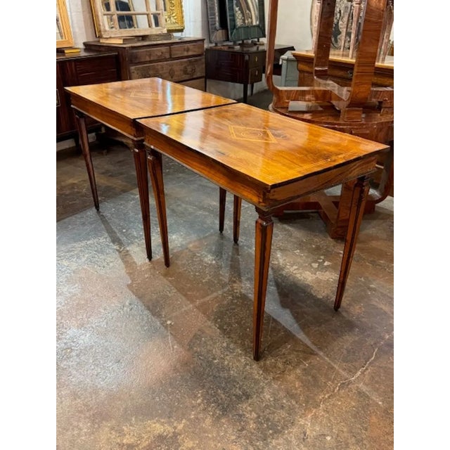 Traditional Pair of 19th Century Italian Walnut Inlaid Tables For Sale - Image 3 of 6