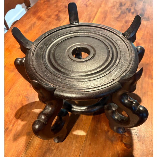 Large Vintage Chinese Porcelain Jardinière / Cachepot / Goldfish Bowl /Carved Hardwood Stand For Sale - Image 10 of 12