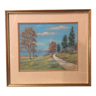 Vintage Riverside Landscape Framed Pastel Watercolor Painting With Trees For Sale