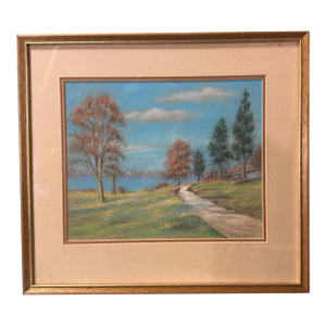 Vintage Riverside Landscape Framed Pastel Watercolor Painting With Trees