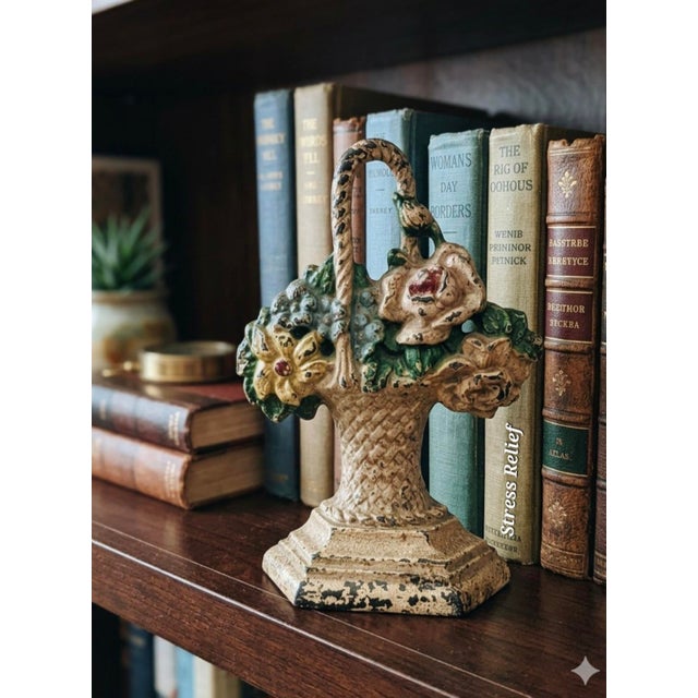 1930s Hubley #152 Cast Iron Basket of Flowers Doorstop With Original Paint For Sale - Image 4 of 10