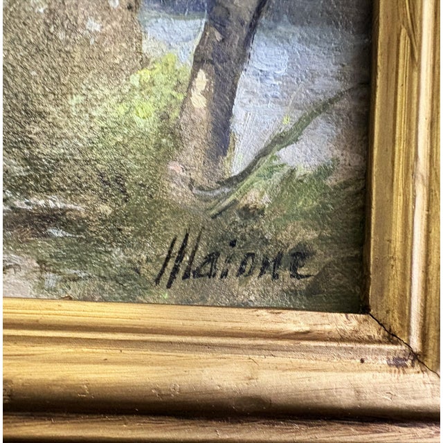 American Robert Maione (American, 1932-1987) Original Signed and Framed Oil Painting on Canvas Titled 'Wooded Road by a River' C1976 For Sale - Image 3 of 18