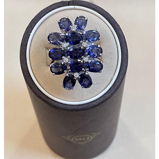 Gemstone 10 Carat Natural Iolite and Diamond Cocktail Ring in 18 Karat White Gold Estate For Sale - Image 7 of 18