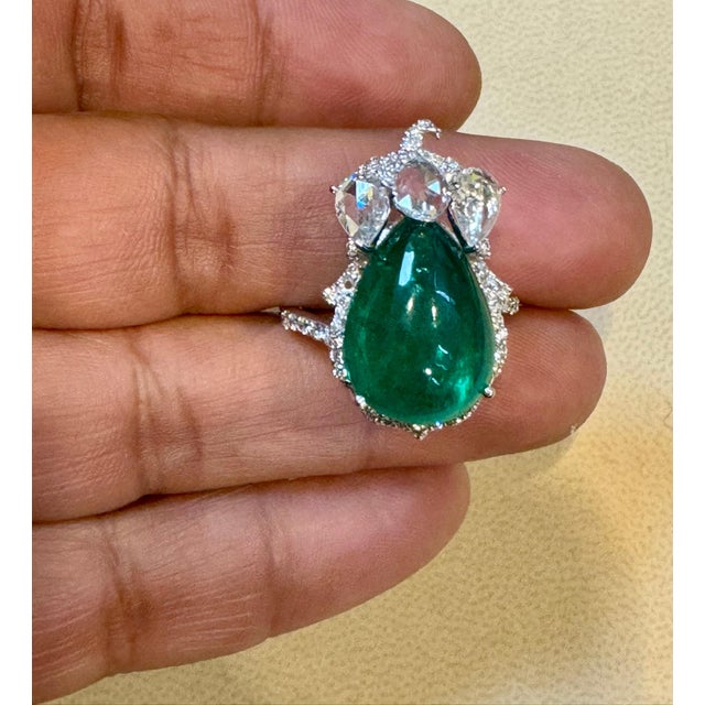 9 Ct Finest Zambian Sugar Loaf Emerald & 2 Ct Rose Cut Diamond Ring Size 7 For Sale - Image 14 of 18