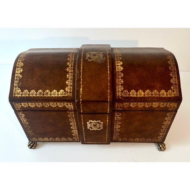 Mid 20th Century Hand Crafted Leather and Gold Tooled Hinged Box with Brass Lion Paw Feet For Sale In Los Angeles - Image 6 of 7