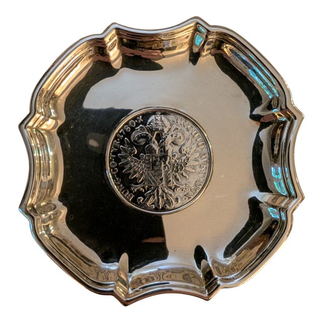 Early 20th Century Sterling Silver Small Dish Tray With Maria Theresa Thaler For Sale